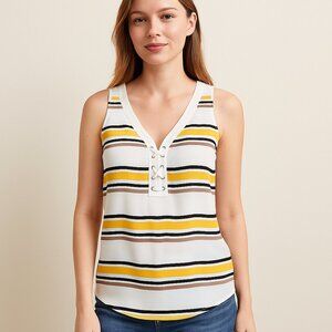 Stripped Yellow & Cream Lace-Up Front Tank Top XS